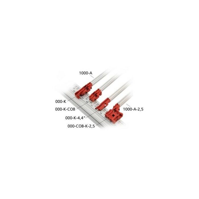 Universal card guide in individual parts, plastic UL 94 V0 red, card guide profiles made of natural anodized aluminium KF/M 000-K-COB